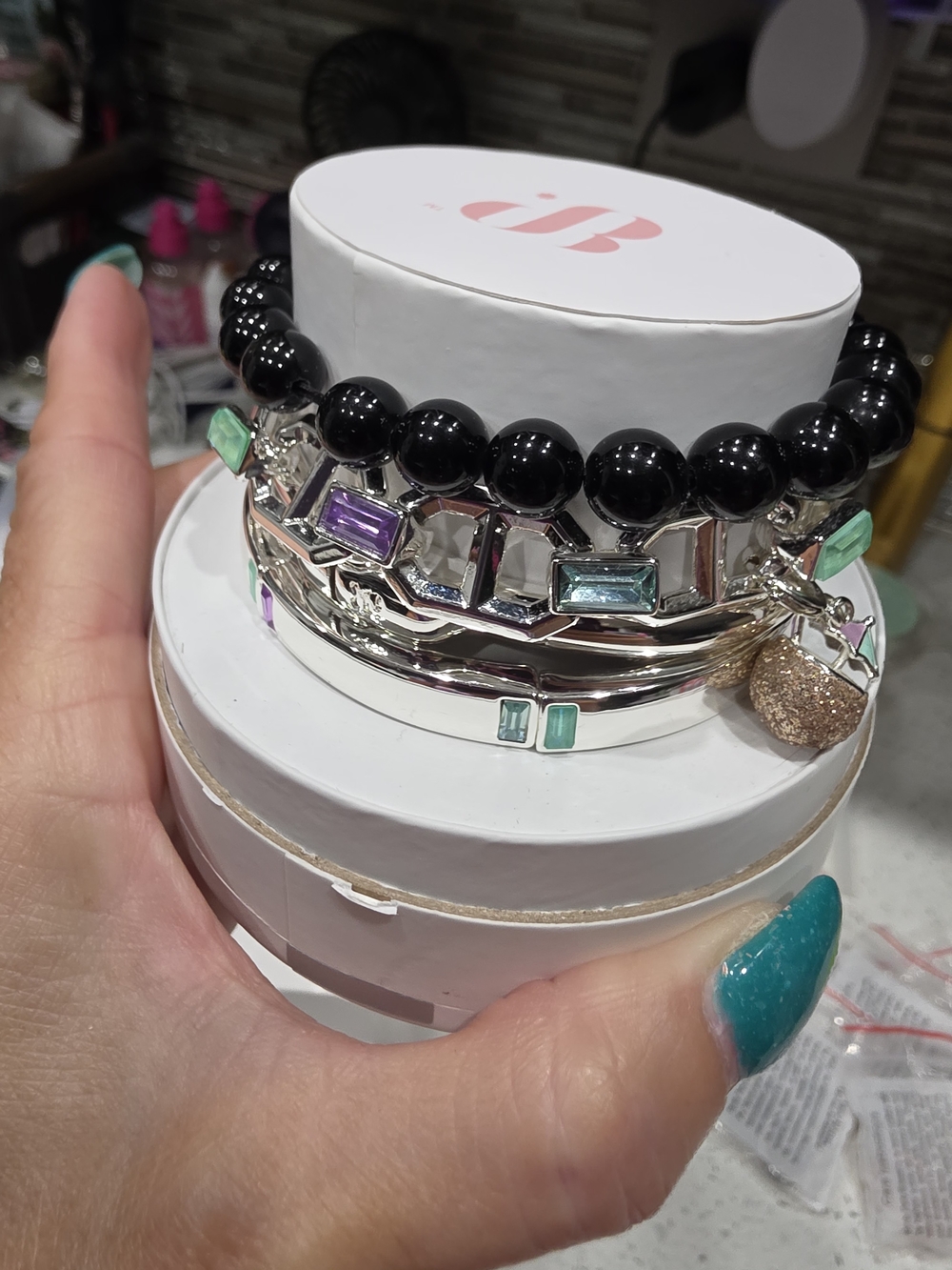 BP-Row Women's Bracelet Stack in Black and Pastel Gem Accents